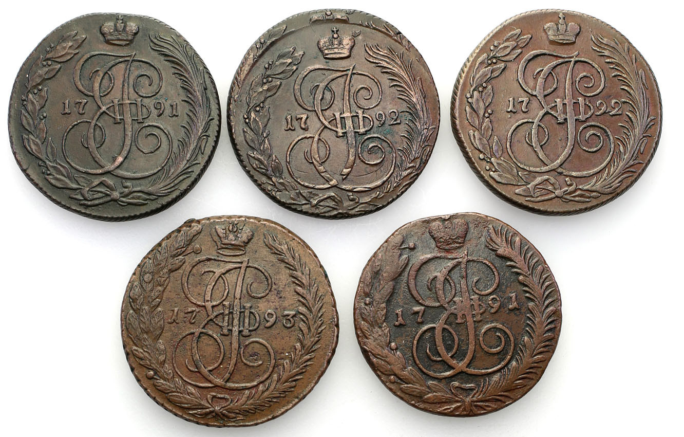 Rosja. Katarzyna II. 5 kopiejek 1791-1793 – zestaw 5 sztuk